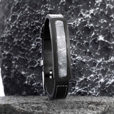 Länge 22cm Edelstahl Leder Armband Meteorit Stein Armband Exquisite